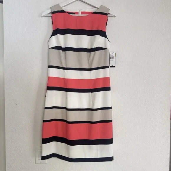 New Alyx Dress Sleeveless Stripe Coral Navy Cream Sheath Sz 2 Office Classic NWT - Picture 1 of 15